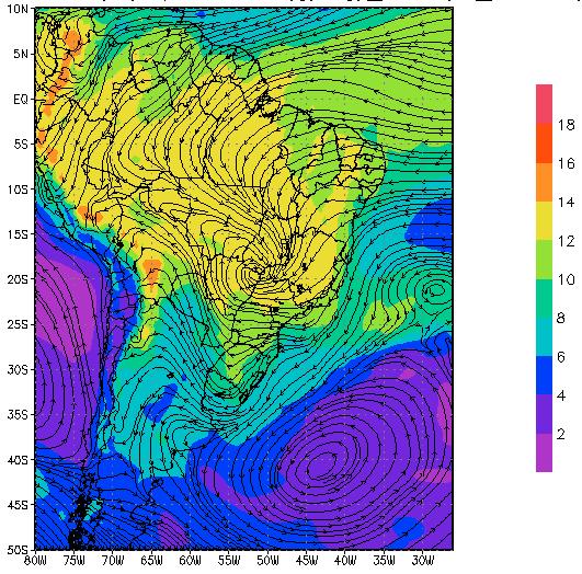 13 (a) (b) Figura 10 - Campos médios entre 12/12 às 00Z e 15/12 às 00Z previstos pelo modelo regional Eta: (a) linha de corrente e umidade específica (g.