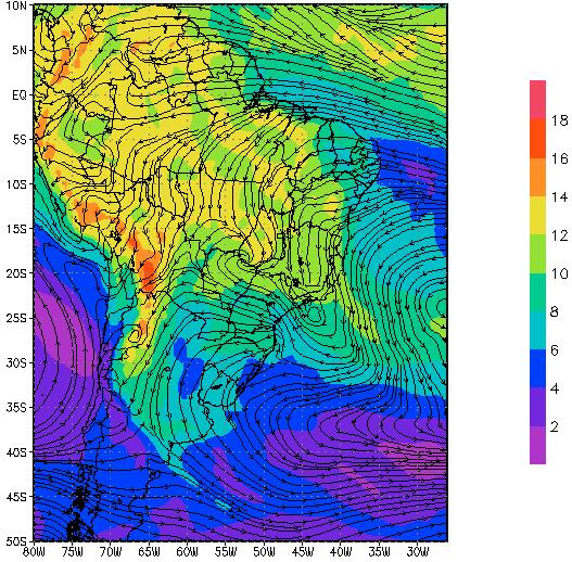 kg -1 ) em 850hPa e (b) linha de corrente em 200hPa.