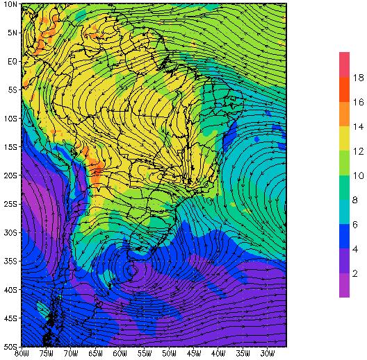 16 Caso 7 A figura 16 mostra os campos médios de linha de corrente e umidade específica em 850 hpa (a) e os campos médios de linha de corrente em 200 hpa (b) previstos pelo modelo regional