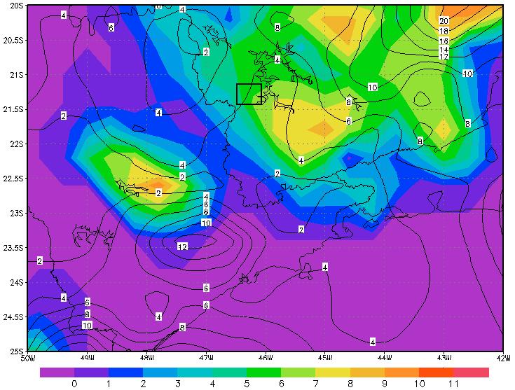 Caso 8 (18/01/05) Os campos previstos de BRNSH para o dia 17/01 06 Z e a precipitação acumulada em 6 horas, para o intervalo entre 17/01 06 Z e 17/01 12 Z, são apresentados na Figura 27 h.