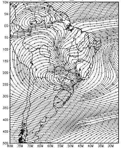 (a) (b) (c) (d) Figura 3 (a) Imagem do satélite GOES, canal IR, dia 31/12/2002, 21:09 Z; (b) Linhas de corrente e umidade específica ao nível de 850 hpa média entre 30/12/2002 às 00Z e 02/01/2003 às