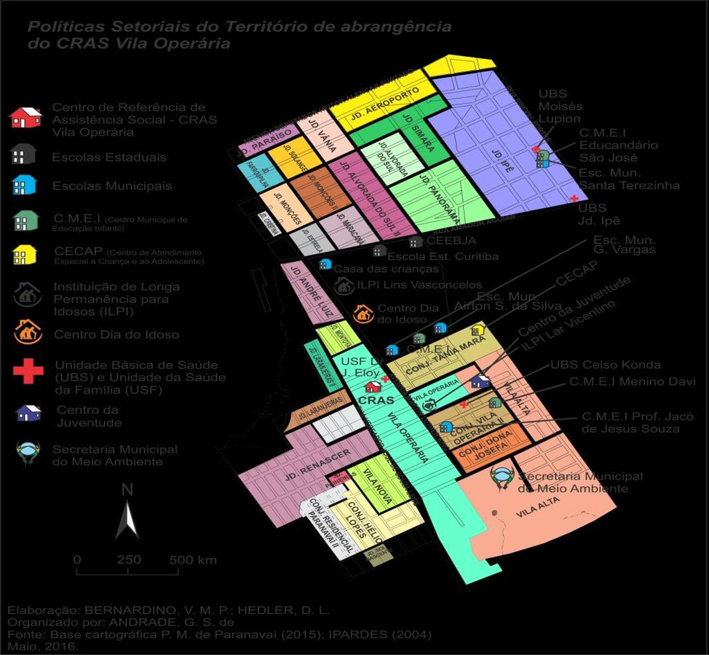 Mapa 1 Território estudado e equipamentos públicos de referência Verifica-se na extensão do território do CRAS Vila Operária uma grande quantidade de oferta de serviços públicos disponibilizados para