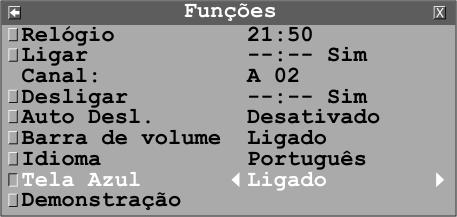 Função TELA AZUL A função TELA AZUL é utilizada para evitar que o televisor mostre a imagem dos canais que estejam com recepção muito ruim. o item Funções.