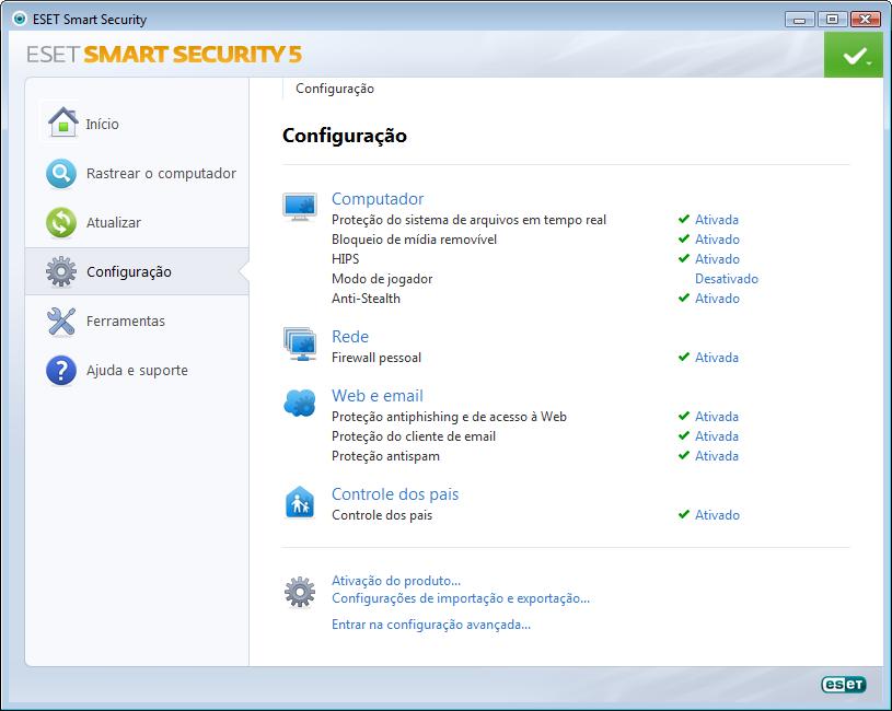 4. Trabalhar com o ESET Smart Security As opções de configuração do ESET Smart Security permitem ajustar os níveis de proteção do computador e da rede.