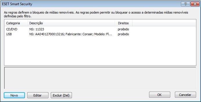 4.1.2.1 Filtrar acesso ao dispositivo A janela Filtrar acesso ao dispositivo exibe as regras estendidas existentes para a mídia removível. Categoria - Tipo de mídia removível (CD/DVD/USB).