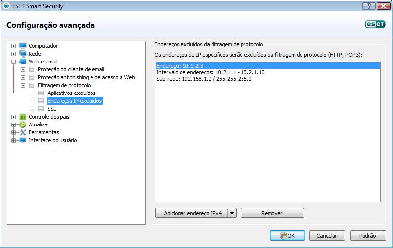 4.3.4.3 Endereços IP excluídos As entradas na lista de endereços serão excluídas da filtragem de conteúdos do protocolo.