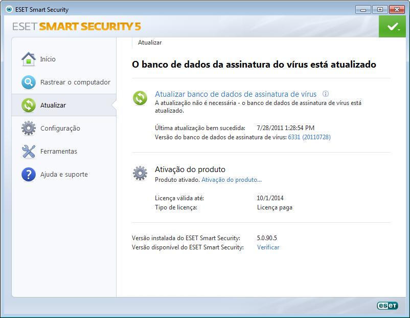 Última atualização bem-sucedida - A data da última atualização. Verifique se ela se refere a uma data recente, o que significa que o banco de dados de assinatura de vírus está atualizado.