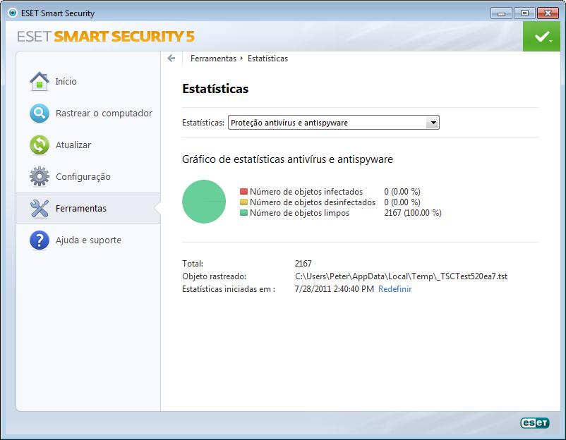 4.6.3 Estatísticas da proteção Para exibir um gráfico de dados estatísticos relacionados aos módulos de proteção do ESET Smart Security, clique em Ferramentas > Estatísticas da proteção.