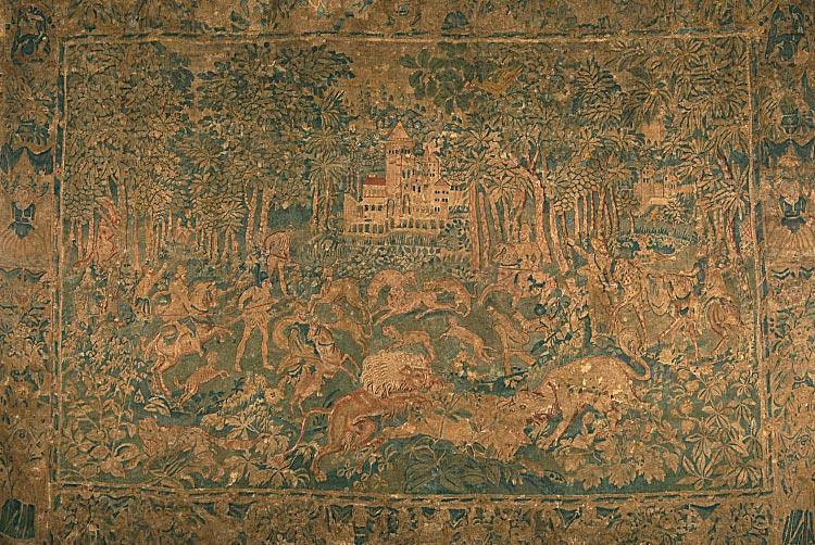 873 "PAISAGEM COM PALÁCIO E CENA DE CAÇA", tapeçaria em fio de lã, flamenga, séc. XVII, restauros, faltas e defeitos Dim. - 266 x 382 cm 6.000-9.
