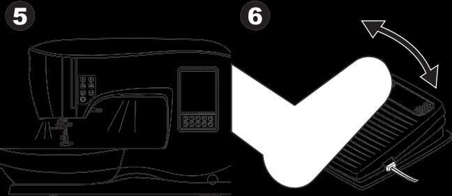 Configurações da máquina 5. As luzes de LED se acenderão quando o interruptor for ligado. 6. Quanto mais o pedal for pressionado, mais rápido a máquina irá costurar.