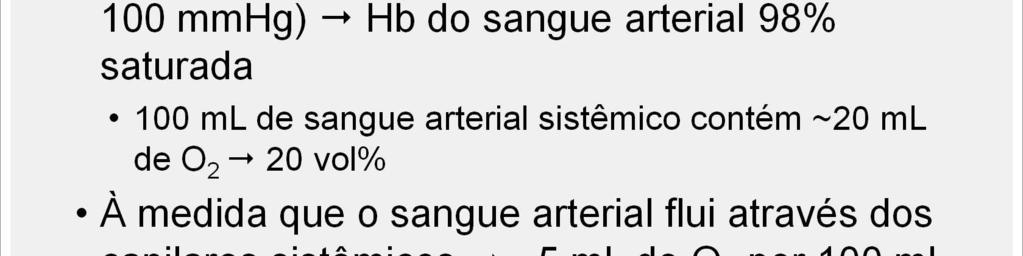 Em condições normais de repouso (PO 2 alveolar e arterial normais ~100 mmhg), a hemoglobina do sangue arterial está 98% saturada, e 100 ml de sangue arterial sistêmico contém aproximadamente 20 ml de