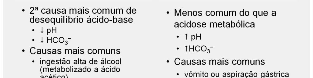 A segunda causa mais comum de desequilíbrio ácido-base, a acidose metabólica, é reconhecida por baixo ph e baixos níveis de HCO 3 no sangue.