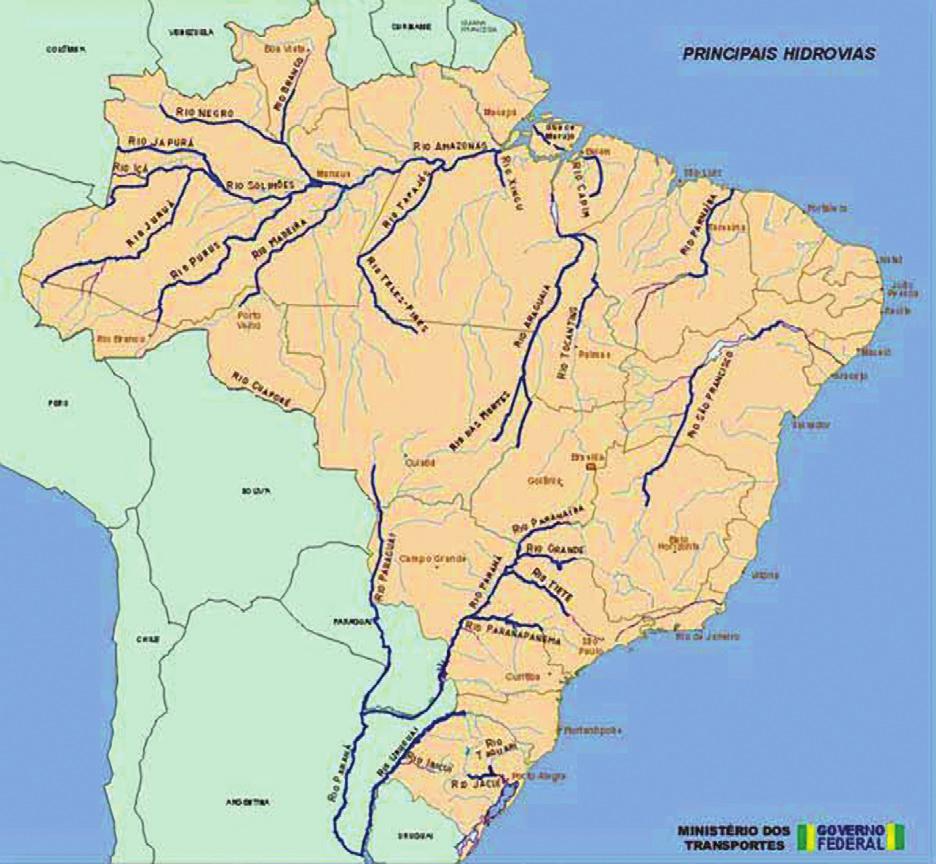 Figura 10: Principais Hidrovias do Brasil A Hidrovia Tietê-Paraná compreende uma via de navegação que liga a região sul, sudeste e centro- -oeste do país.
