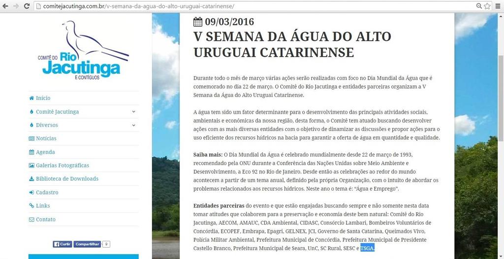 Ação 4: TSGA é citado como parceiro da V Semana da Água do Alto Uruguai Catarinense em Website do Comitê do Rio Jacutinga e Contíguos.