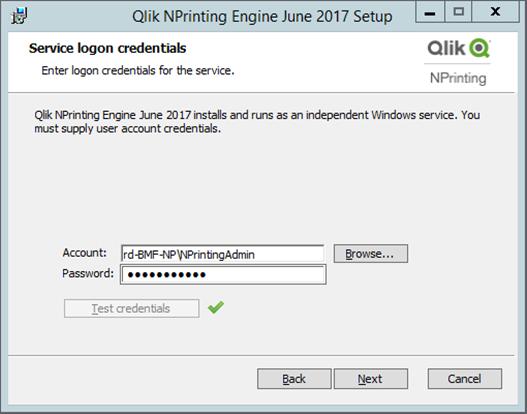 3 Implantando o Qlik NPrinting c. Clique em Test Credentials para confirmar se as credenciais do usuário são válidas.