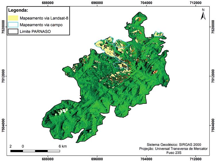 Figura 5 Mapa da comparação entre o mapeamento das áreas queimadas realizado no PARNASO utilizando o índice W adaptado ao sensor OLI e o levantamento de campo final realizado pela UC após o incêndio