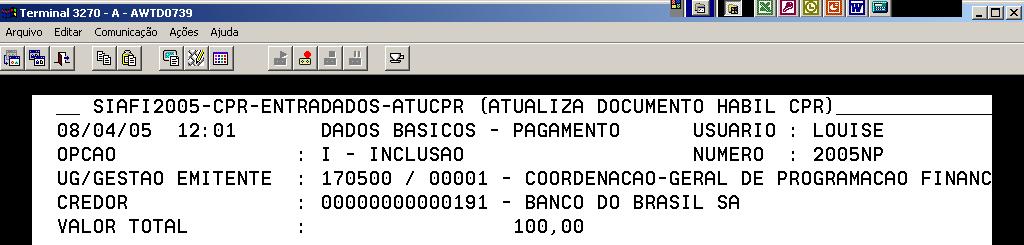 Na emissão da OBF deverão ser observados os seguintes aspectos: a) o domicílio da UG emitente deverá ser Banco - 002 (não informar agência); b) o campo conta-corrente do favorecido deverá ser