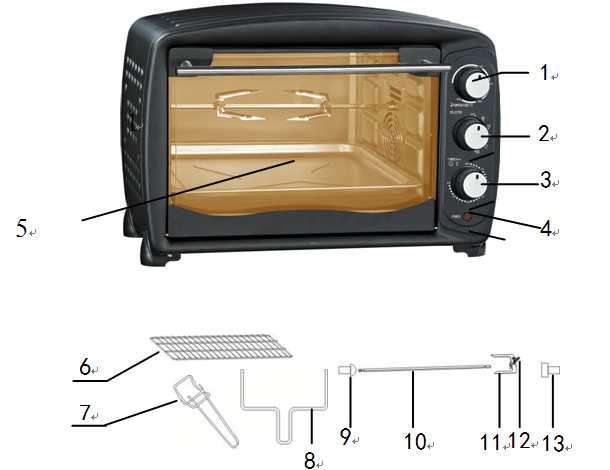 LISTA DE COMPONENTES 1. Termostato 2. Seletor da funçao 3. Seletor da Temporizador e lampada 4. Indicador encendido 5. Bake pan 6. Grelha 7. Pega manual 8. Espeto rotativo 9. Suporte 10.