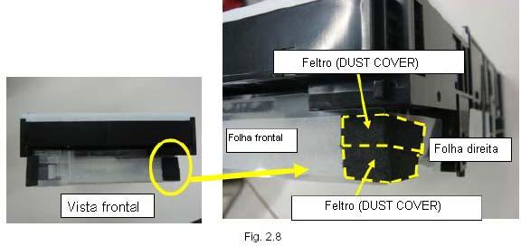 7) Coloque duas folhas de feltro (DUST COVER) para fechar a aba que está localizada entre a frente ea lateral direita do mecanismo. (Fig.