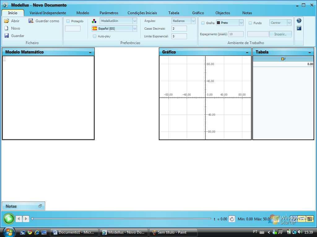 Ao abrir o software Modellus, encontra-se a seguinte interface, com as janelas Modelo Matemático, Gráfico e Tabela abertas: Figura 1: Interface gráfica do software Modellus No item chamado Modelo