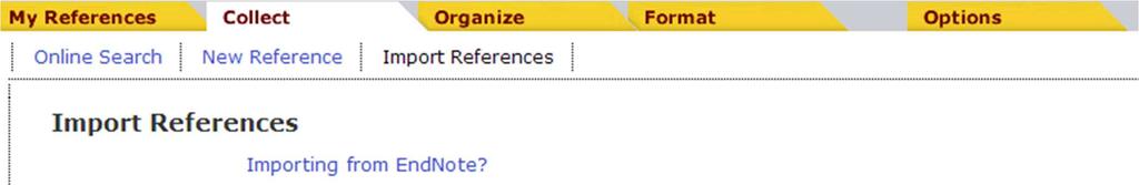 Importando referências No EndNote Web, clique na aba Collect > Import References. Clique em Escolher arquivo e abra o arquivo salvo na Área de Trabalho do seu computador.