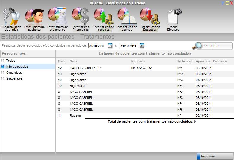TRATAMENTOS CONCLUÍDOS Clique em,, estatística do paciente, selecione