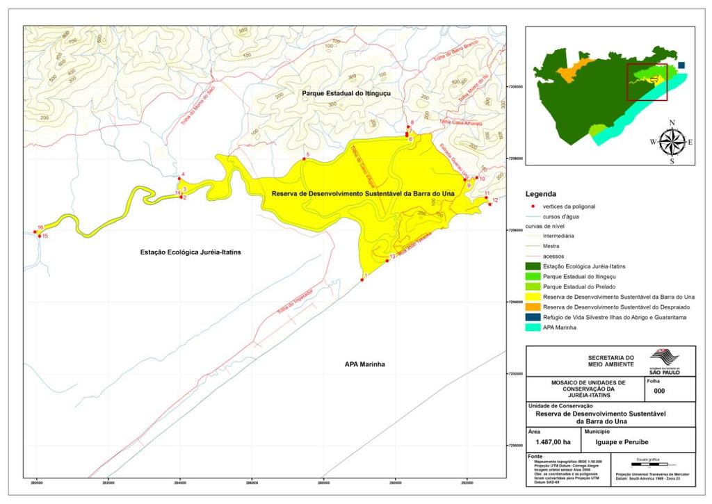 GLEBA 1.3 RDS BARRA DO UNA MEMORIAL DESCRITIVO Área: 1.487 ha A Reserva de Desenvolvimento Sustentável da Barra do Una é constituída por uma área aproximada de 1.