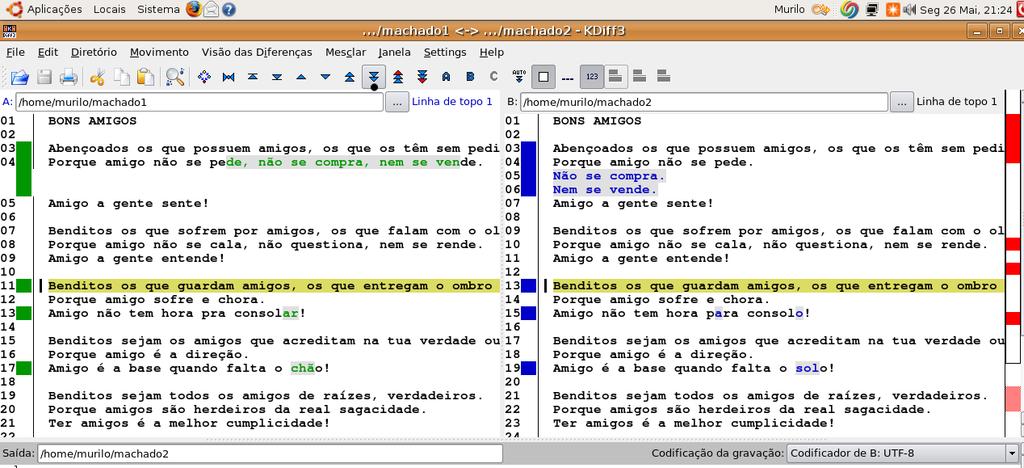 Comparando textos Ao comparar dois textos, o Kdiff possibilita percorrer