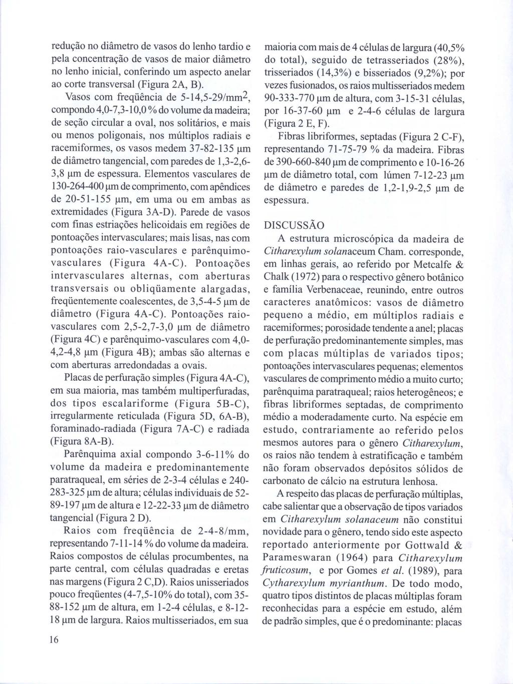 redução no diâmetro de vasos do lenho tardio e pela concentração de vasos de maior diâmetro no lenho inicial, conferindo um aspecto anelar ao corte transversal (Figura 2A, B).