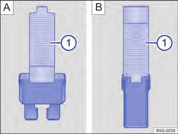 luz e todos os consumidores elétricos. Abrir a respectiva caixa de fusíveis Página 177. Fig. 144 Fusível queimado: fusível plano, fusível de bloqueio. Fig. 145 Retirar ou colocar o fusível com a pinça de plástico: : fusível plano, : fusível de bloqueio.