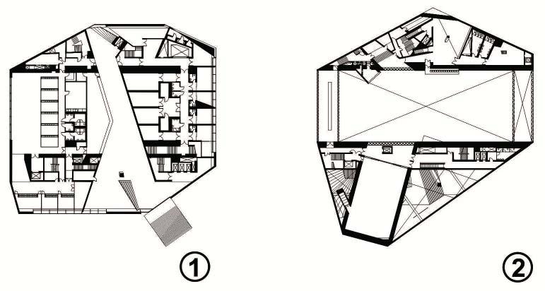 Questão 70 Tem-se, na fi gura 1, a planta do nível 1, logo acima do térreo, onde se situa o acesso ao público através de rampa, escada e elevador e onde se encontra um grande Saguão