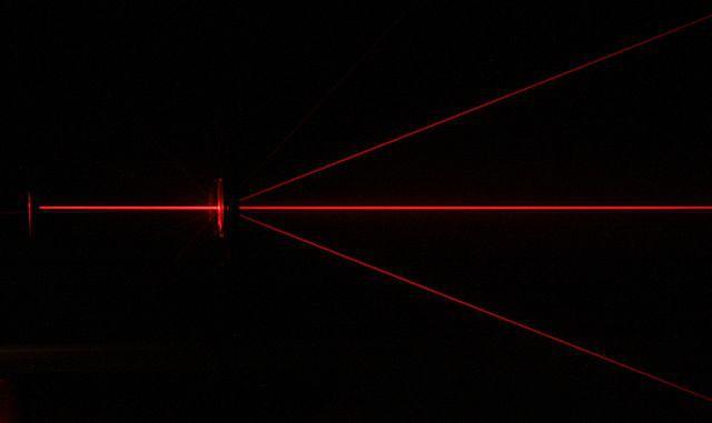 Efeitos de difração começam a influenciar na nitidez da imagem a partir de determinado tamanho de abertura. "Diffraction-red laser-diffraction grating PNr 0126" by D-Kuru - Own work.