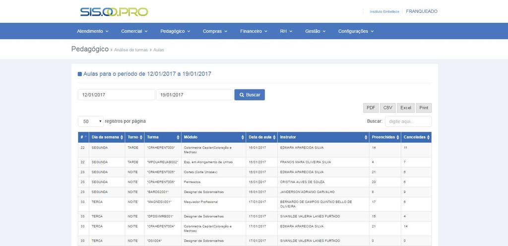 Grade de aulas 3.3 Gestão de Instrutores 3.3.1 Instrutores Nesta tela apresenta a tabela do histórico do instrutor.