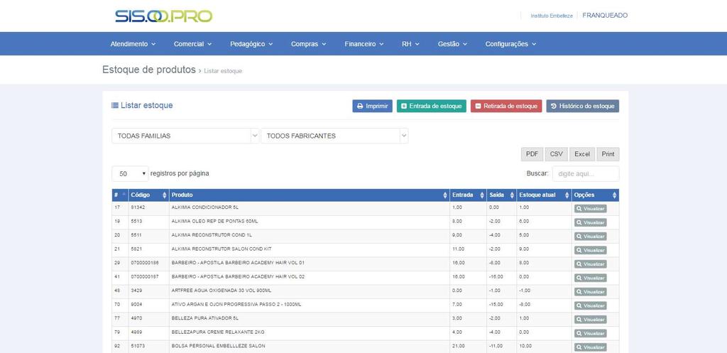 Temos as OPÇÕES de IMPRIMIR, ENTRADA DE ESTOQUE, RETIRADA DE