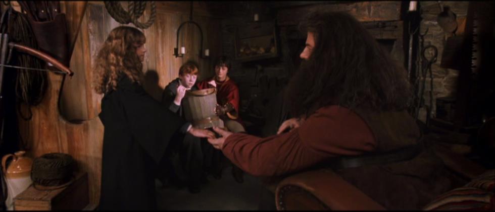 Fonte: Harry Potter e a câmara secreta (2002, 39min52seg 41min27seg) Imagem 68: Hermione agradece Hagrid com um