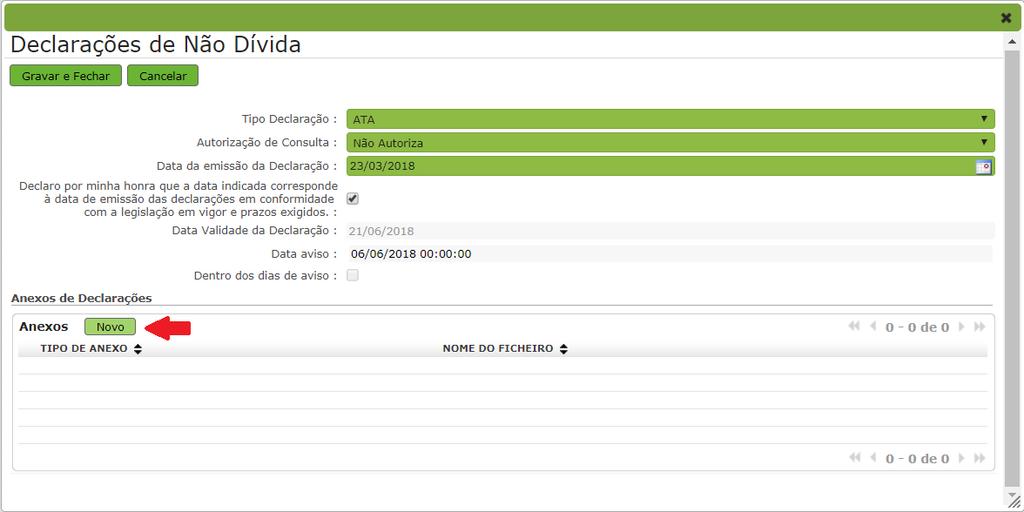 Imagem 31 Carregar declarações Imagem 32 Anexar declaração específica No Tipo de Anexo, o utilizador seleciona, através do elevador, a única opção
