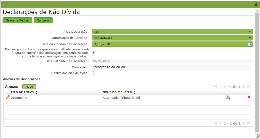 Imagem 33 Declaração ATA anexada com sucesso Para as restantes declarações de não dívida exigíveis, o utilizador repete os mesmos passos descritos nos