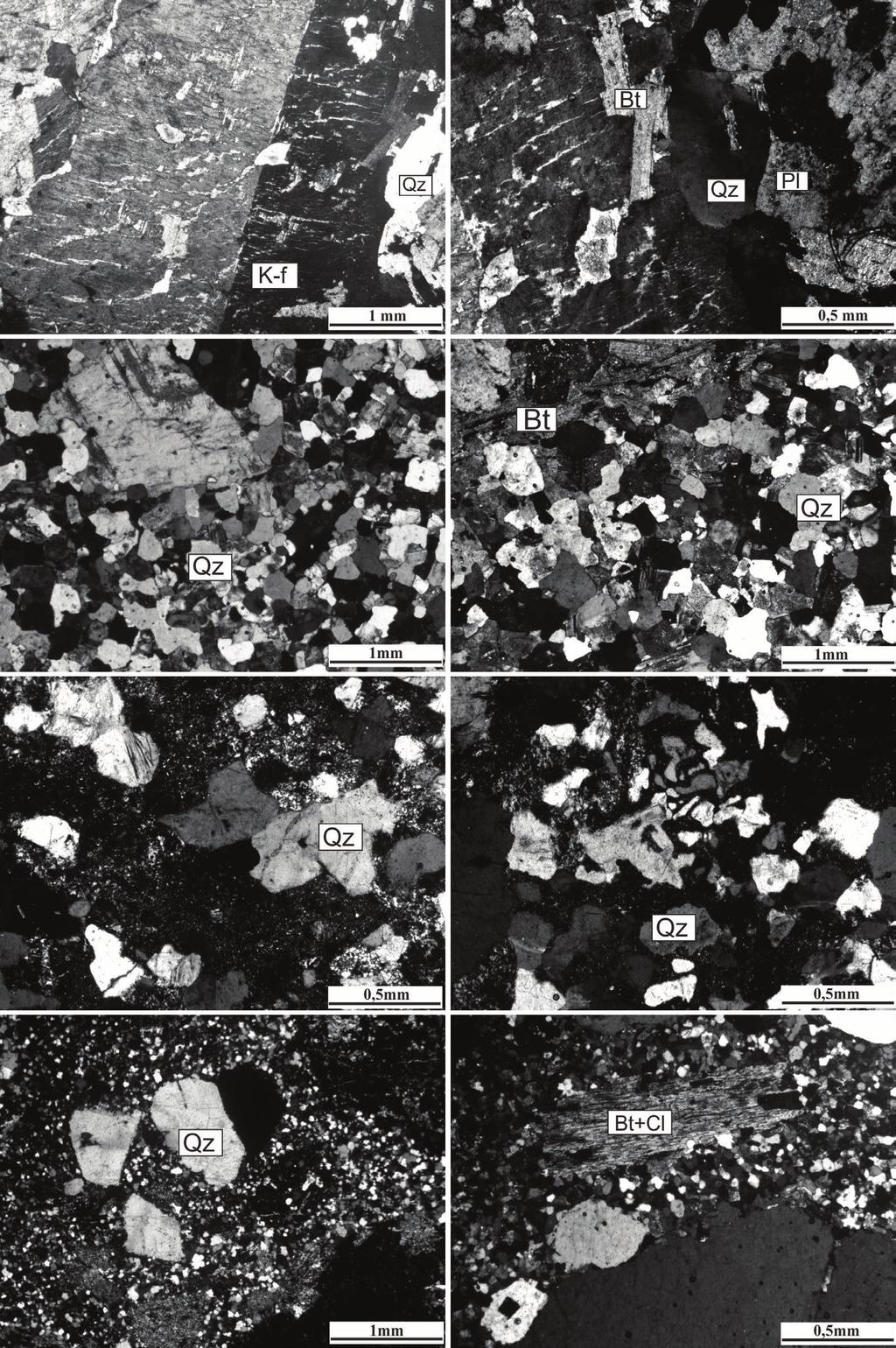 Petrologia do Granito São Vicente A B C D E F G H Figura 3. Fotomicrografias das fácies do Granito São Vicente. Polarizadores cruzados.