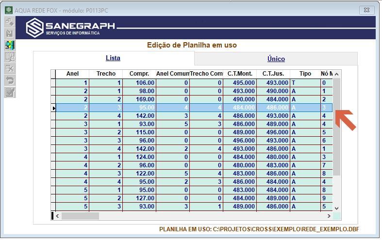 O trecho selecionado no caso em questão é o 2-3 (anel 2, trecho 3) e pode-se clicar na aba da direita para editar seus dados ou