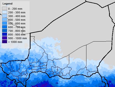 Precipitação acumulada (em MM), Maio-Nov. 2016, Níger (ARC2) Precipitação acumulada em % da média de 1983-2015, Maio-Nov.