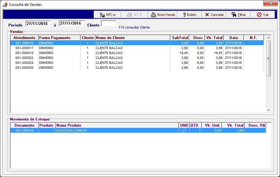2- Clicar no botão NFC-e para emitir a NFC-e da venda desejada. 1- Para consultar todas as vendas feitas de um período, basta digitar o período desejado e clicar no botão Filtrar.