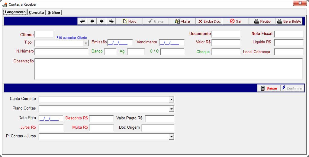 Sub-módulo Lancamento. Clicar no botão Novo para adicionar um documento à receber. Logo após, preencher os dados doc. a receber : Cliente, Tipo, Emissão, Vencimento, N.