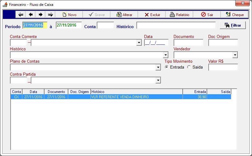 1-Para adicionar uma nova movimentação no fluxo de caixa clique no botão Novo e preencha os campos solicitados, em seguida de um clique o botão Gravar.