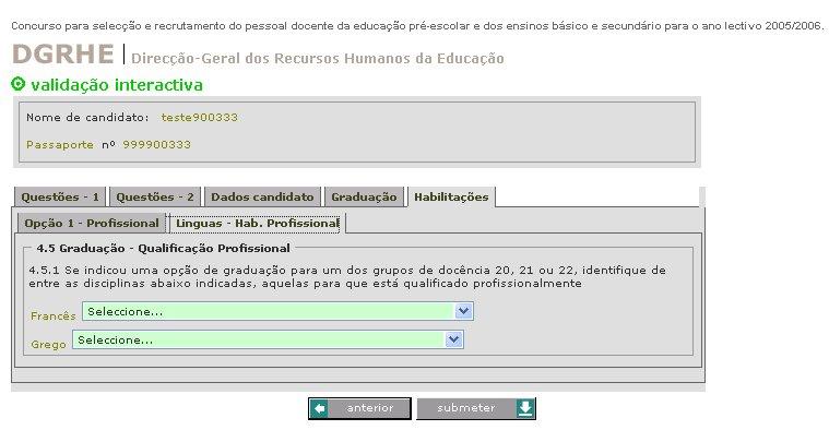 4.5.1. Se indicou uma opção de graduação para um dos grupos de docência 20, 21 ou 22, indique de entre as disciplinas abaixo indicadas, aquelas para as quais está qualificado profissionalmente.