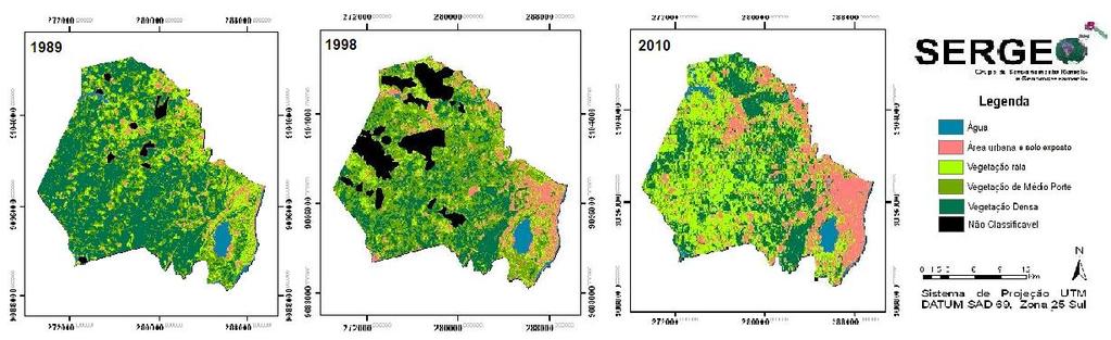 volumes de água em um curto espaço de tempo. As imagens do NDVI demonstram uma diminuição das áreas verdes, uma redução de quase 40% frente do processo de ocupação (figura 2).