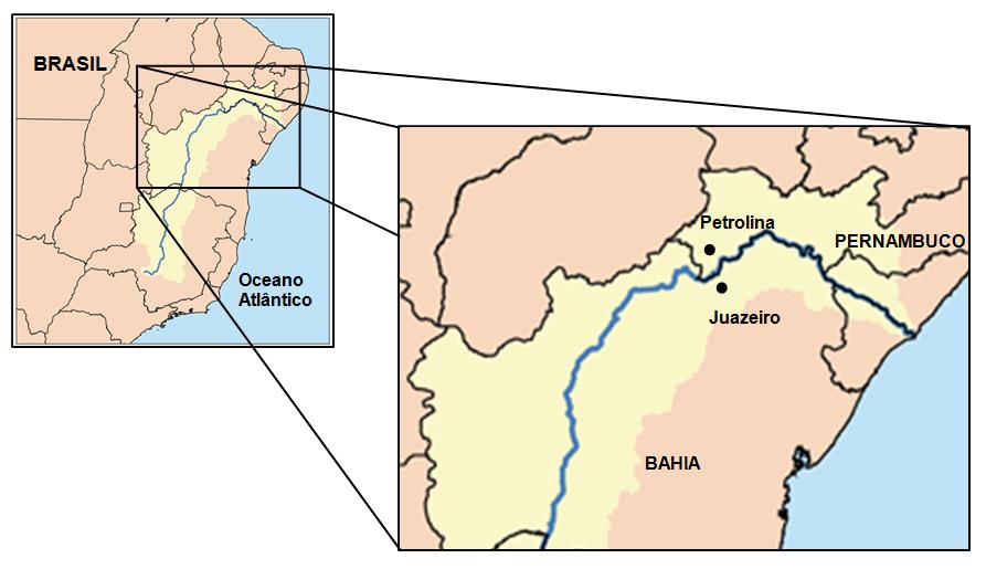 Levantamento de bactérias de nódulos de feijão-caupi 11 Fig. 1. Juazeiro-BA e Petrolina-PE, cidades localizadas na região do Vale do Submédio São Francisco. Fonte: Mapa obtido em http://www.usgs.