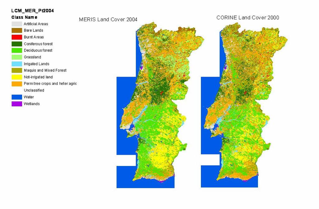 Figura 1 - Ensaio da Ocupação do Solo em Portugal Continental a partir de Imagens MERIS 2004 comparado CORINE Land Cover 2000 Por outro lado, os indicadores foram gerados para 3 anos de referência -