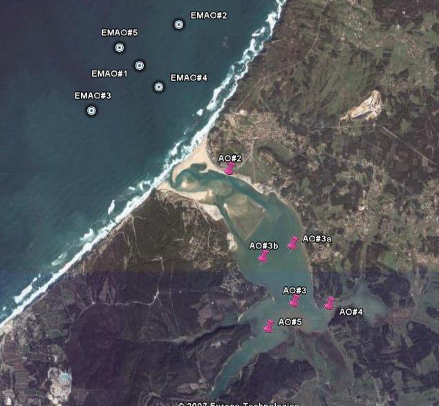 Tabela 1. Coordenadas militares portuguesas e geográficas das estações de amostragem na Lagoa de Óbidos (AO#2-AO#5) e na zona do emissário da Foz do Arelho (EMAO#1 EMAO#5).