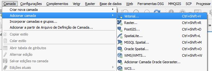 PASSO 2: ADICIONANDO DADOS GEOGRÁFICOS Para adicionar dados vetoriais, acesse o ícone Vetorial ( Adicionar Camada Vetorial.