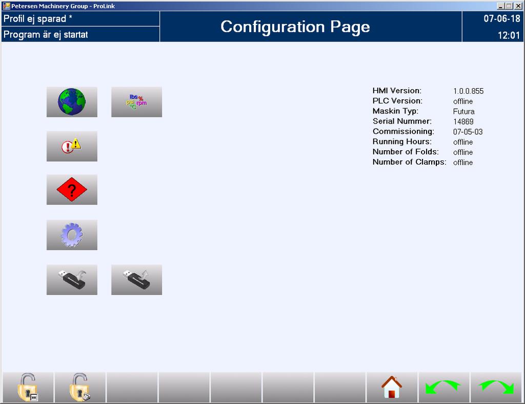 8. Página configuração. No menu principal/banco de dados de perfil, premindo o botão Configuração, é visualizado este menu. Possibilita a configuração e a atribuição dos parâmetros da máquina.